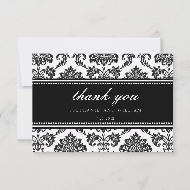 Black and White Damask Wedding Dankeschön Karte (Vorderseite)