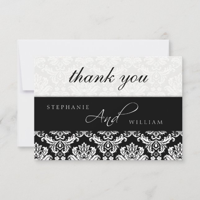 Black and White Damask Wedding Dankeschön Karte (Vorderseite)