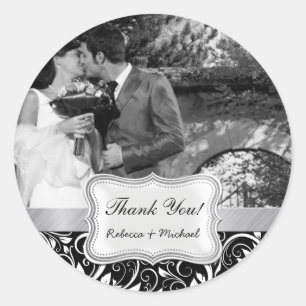 Black and White Damask Wedding Foto Vielen Dank Runder Aufkleber