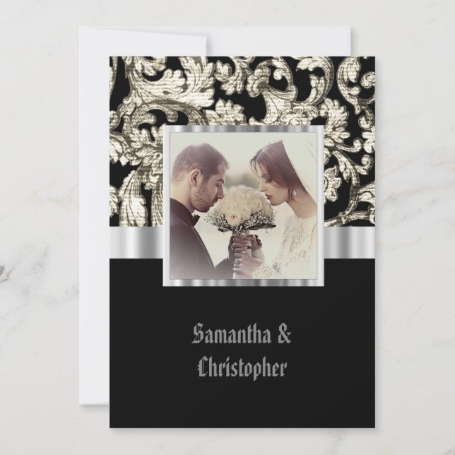 Black and white damask wedding photo invitation einladung (Rückseite)
