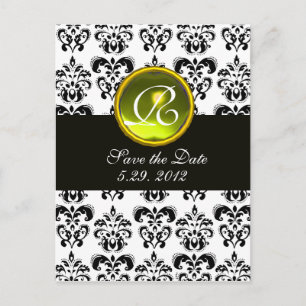 BLACK AND WHITE DAMASK YELLOW TOPAZ MONOGRAM ANKÜNDIGUNGSPOSTKARTE