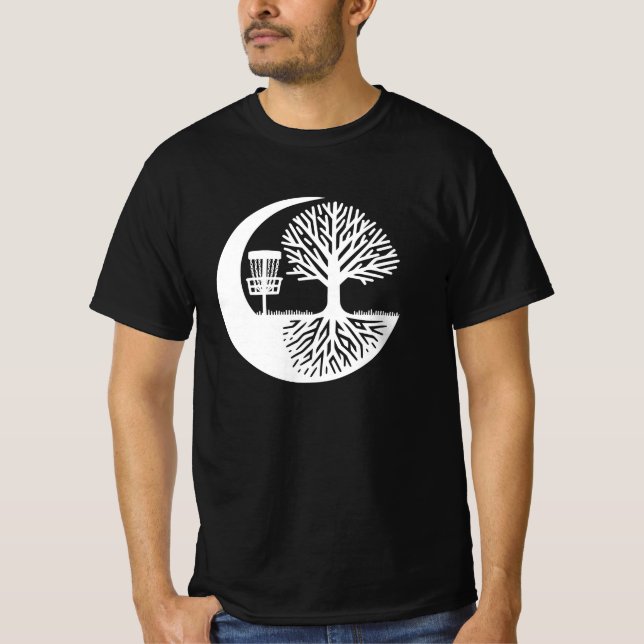Black and white Disc Golf and Tree Roots   T-Shirt (Vorderseite)