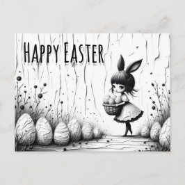 Black and White Easter Girl with Bunny Ears Postkarte