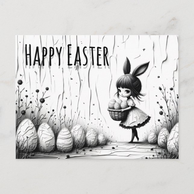 Black and White Easter Girl with Bunny Ears Postkarte (Vorderseite)