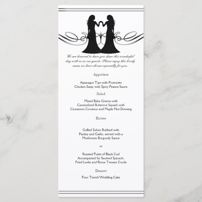 Black and White Elegance Brides Wedding Menu Menükarte (Vorderseite)