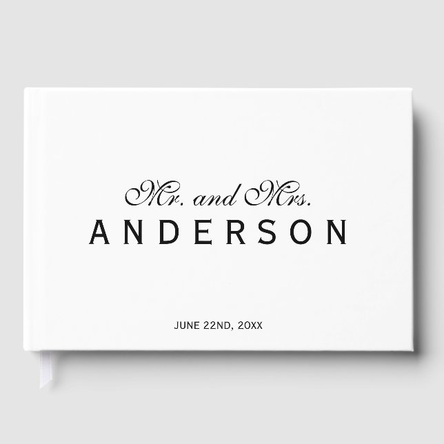 Black and White Elegant Wedding Mr and Mrs Script Gästebuch (Vorderseite)