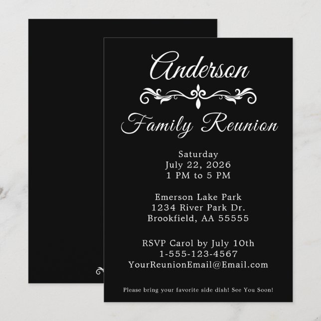 Black and White Family Reunion Elegant Script  Inv Einladung (Vorne/Hinten)
