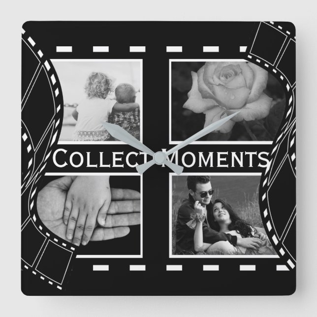 Black and White Film Reel Custom Photo Quadratische Wanduhr (Vorderseite)