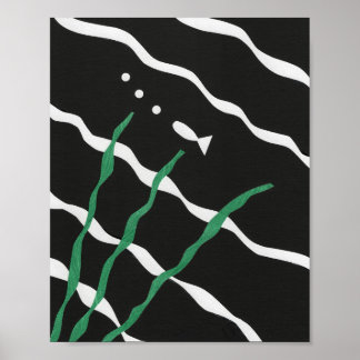 Black and White Fish with bubbles and seaweed Poster
