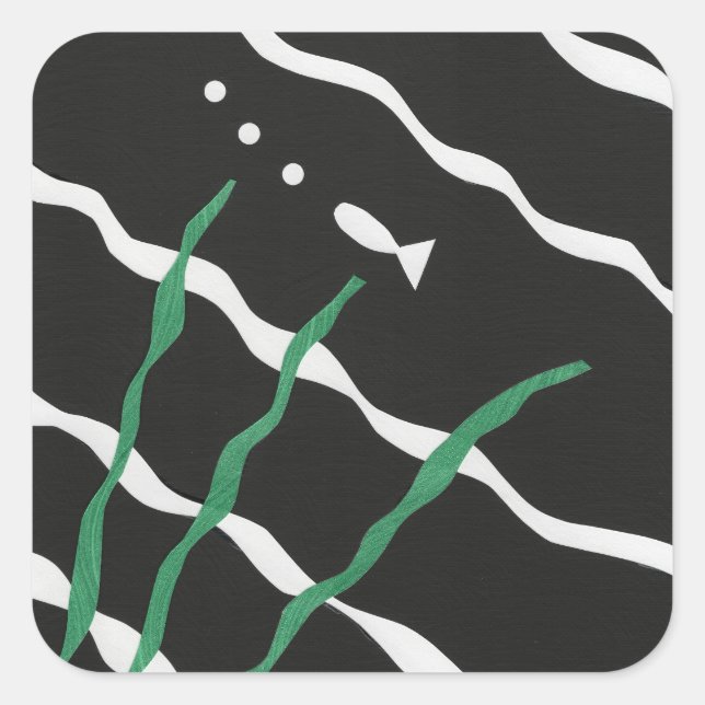 Black and White Fish with bubbles and seaweed Quadratischer Aufkleber (Vorderseite)