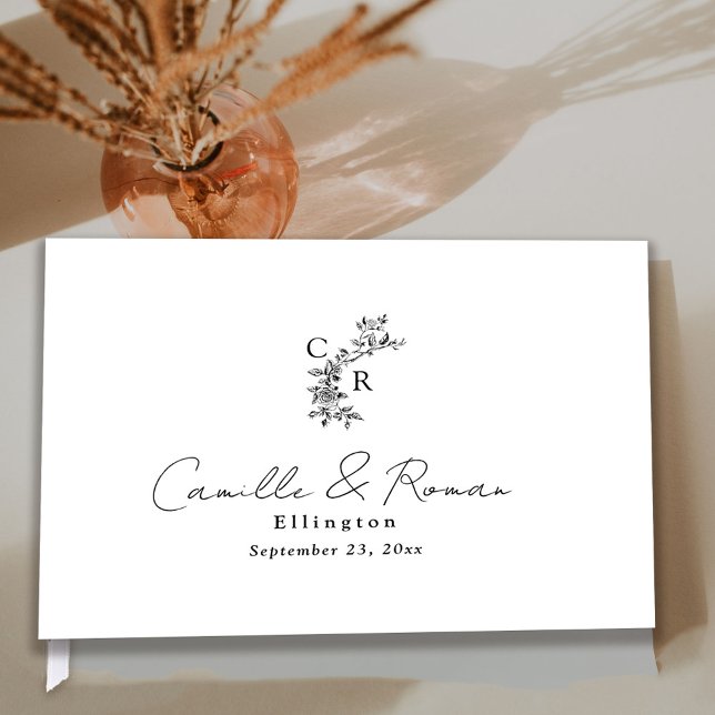 Black and White Flora Monogram Calligraphy Wedding Gästebuch (Von Creator hochgeladen)