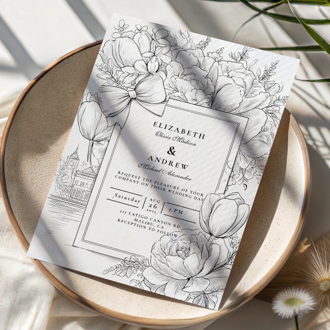 Black and White Floral Bow Wedding Einladung (Von Creator hochgeladen)