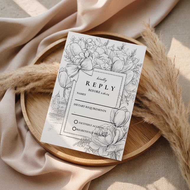 Black and White Floral Bow Wedding RSVP Karte (Von Creator hochgeladen)