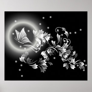 Black And White Floral Butterfly Fantasy Poster