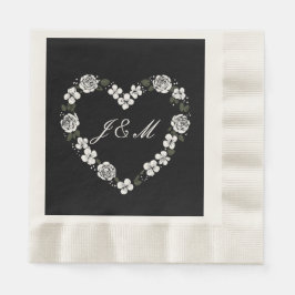 Black and White Floral Heart Wedding Napkins Serviette