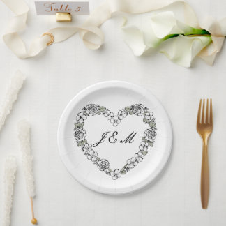 Black and White Floral Heart Wedding Paper Plate Pappteller