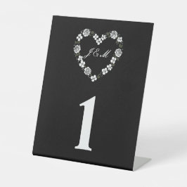 Black and White Floral Heart Wedding Table Number Sockelschild