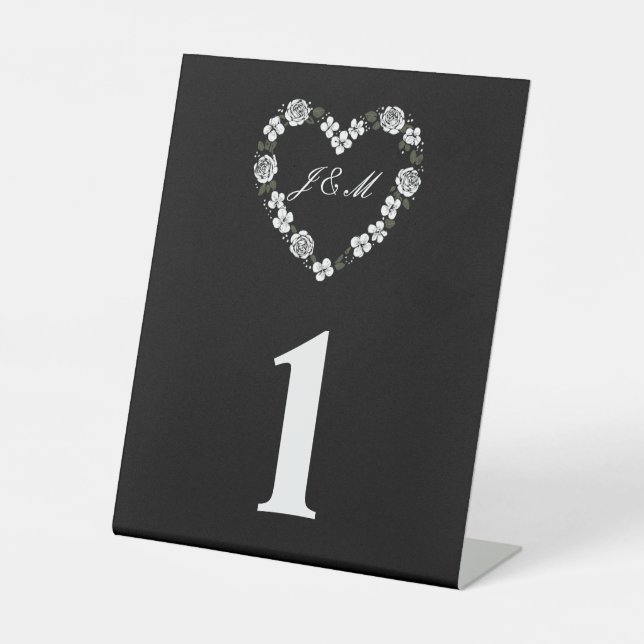Black and White Floral Heart Wedding Table Number Sockelschild (Vorderseite)