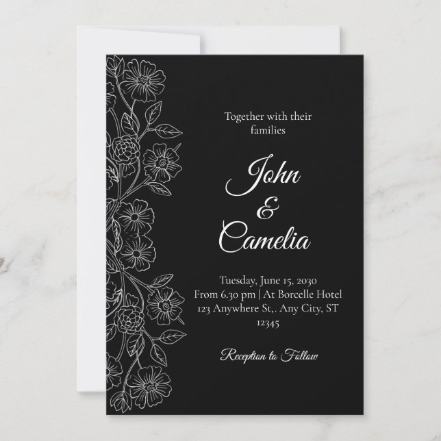 Black and White Floral Line Art Wedding  Einladung (Vorderseite)