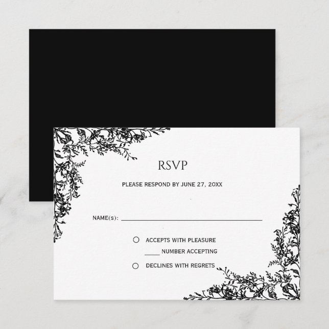 Black and White Floral Minimalist RSVP | Karte (Vorne/Hinten)