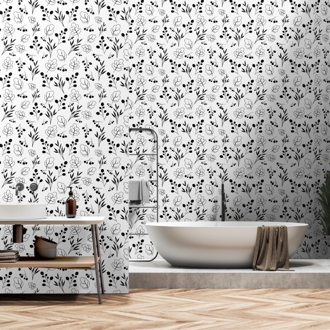 Black and White Floral Seamless Pattern Tapete (Badezimmer)