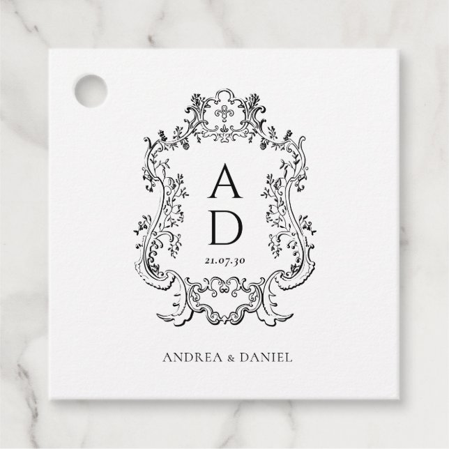 Black and White Floral Wedding Monogram  Geschenkanhänger (Vorderseite)
