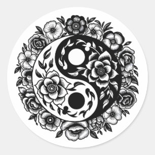 Black and White Floral Yin Yang Runder Aufkleber