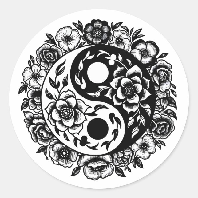 Black and White Floral Yin Yang Runder Aufkleber (Vorderseite)