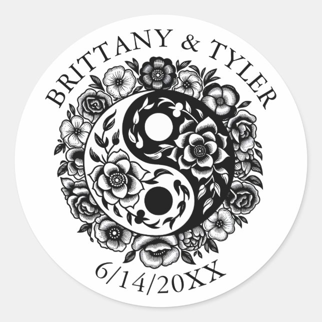 Black and White Floral Yin Yang Runder Aufkleber (Vorderseite)