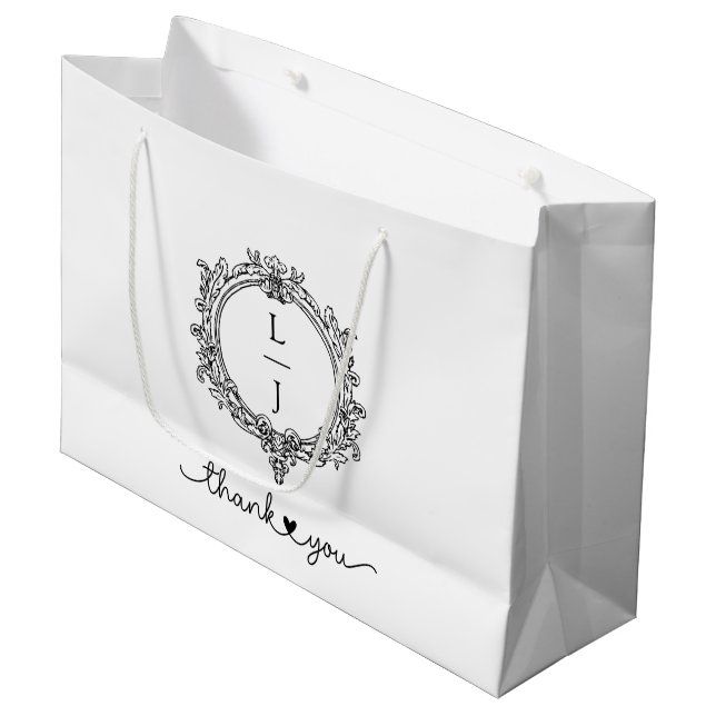 black and white foliage Crest wedding invitation Große Geschenktüte (Vorderseite Schrägansicht)