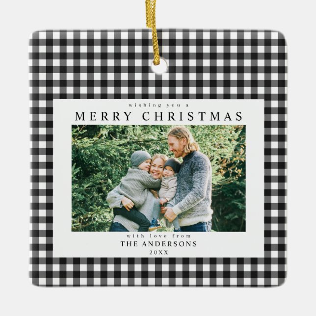 Black and White Gingham Christmas 2 Photo Keramikornament (Vorderseite)
