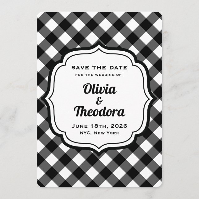 Black and White Gingham Save the Date Cards Einladung (Vorderseite)