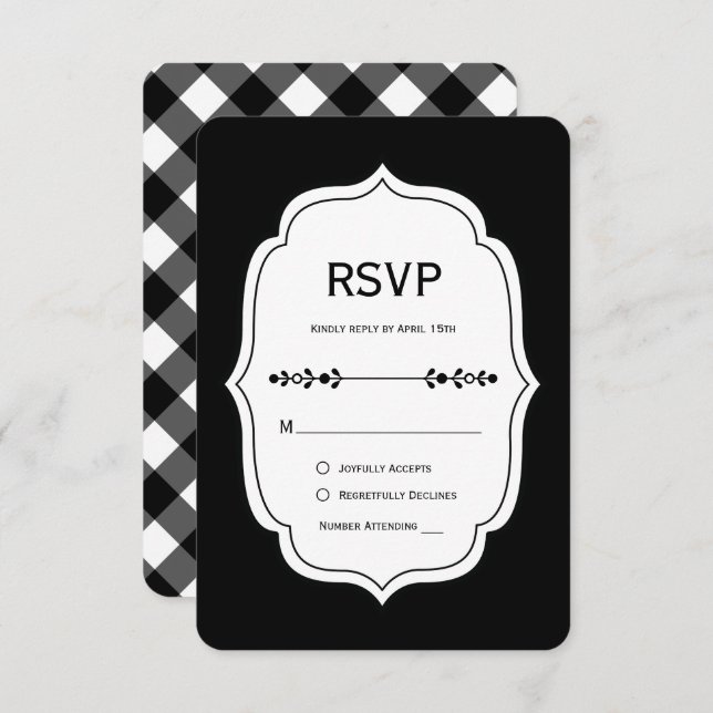 black and white gingham wedding RSVP Cards (Vorne/Hinten)