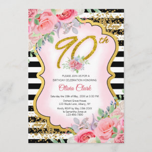 Black and White Gold Confetti Floral 90. Geburtsta Einladung