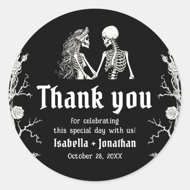 Black and White Gothic Halloween Skeleton Wedding Runder Aufkleber (Vorderseite)