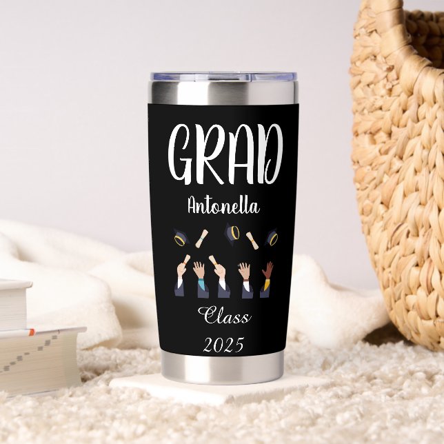 Black and White Graduate Thermos Thermobecher (Wohnzimmer (gedreht))