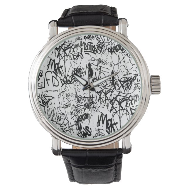 Black and White Graffiti Abstract Collage Armbanduhr (Vorderseite)