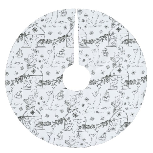 Black and white Hand drawn cats & Christmas tree  Polyester Weihnachtsbaumdecke (Vorderseite)