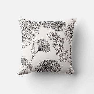 Black and White Hand-Drawn Floral SketThrow Pillow Kissen