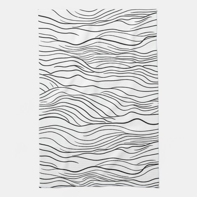 Black and White Hand-Drawn Wavy Line Pattern Geschirrtuch (Vertikal)