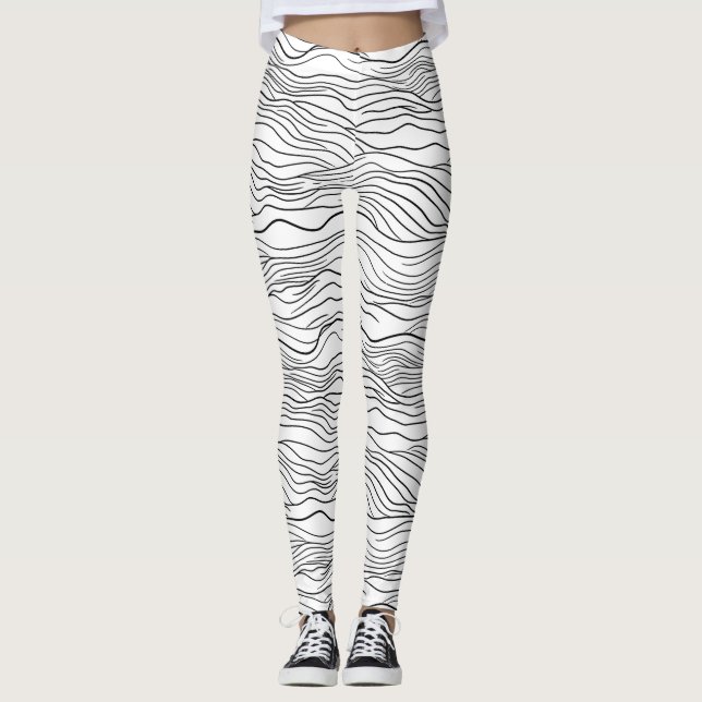 Black and White Hand-Drawn Wavy Line Pattern Leggings (Vorderseite)