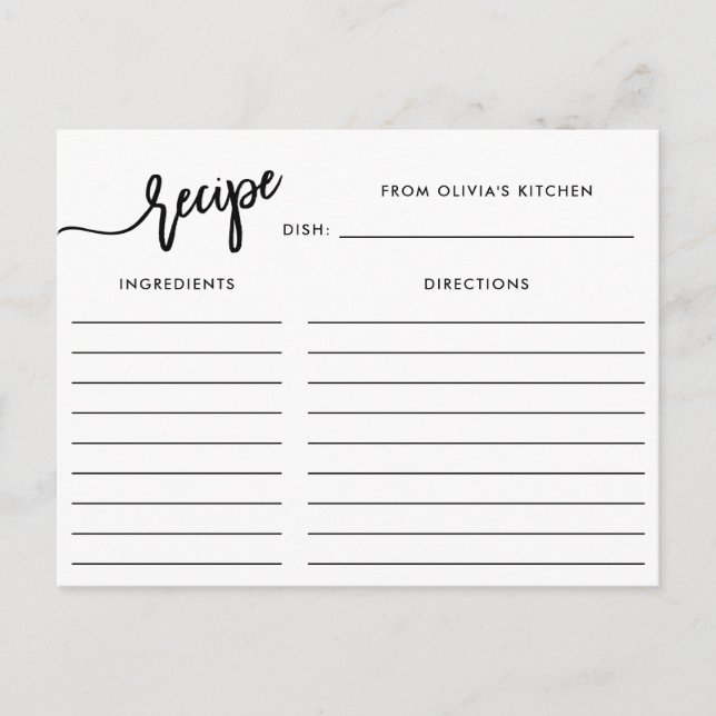 Black and White Handwritten Script Recipe Card | Postkarte (Vorderseite)