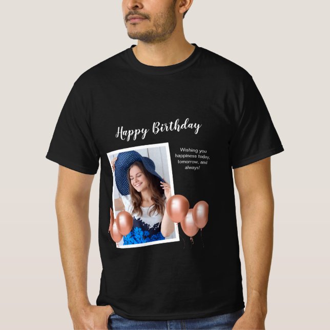 Black and White Happy Birthday Foto T - Shirt (Vorderseite)