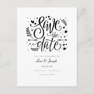 Black and White Hearts Schrift Save the Date Postkarte