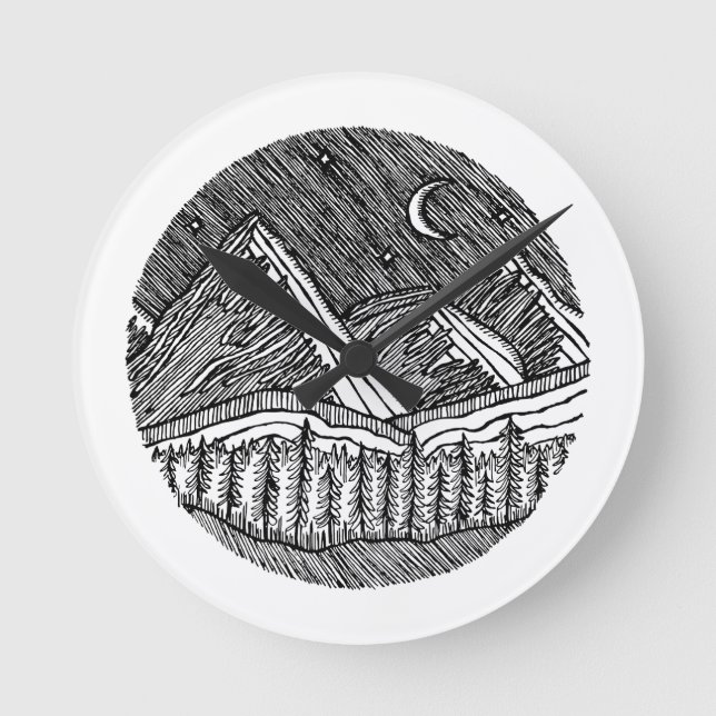 Black and White Ink-Drawn Round Alp Landscape Runde Wanduhr (Vorderseite)