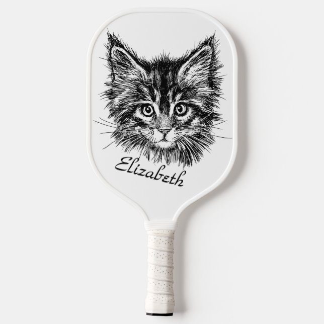 Black and White Kitten Face Personal Pickleball Schläger (Rückseite)