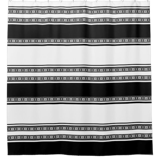 Black and white lace braid and horizontal stripes  duschvorhang (Vorderseite)
