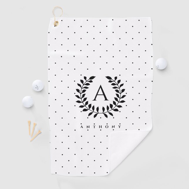 Black And White Laurel Monogram Polka Dot Pattern Golfhandtuch (Insitu)