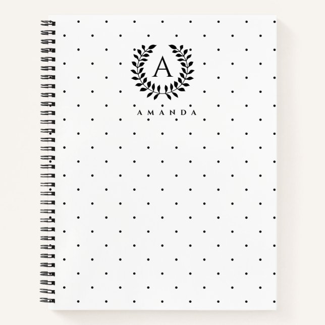Black And White Laurel Monogram Polka Dot Pattern Notizbuch (Vorderseite)