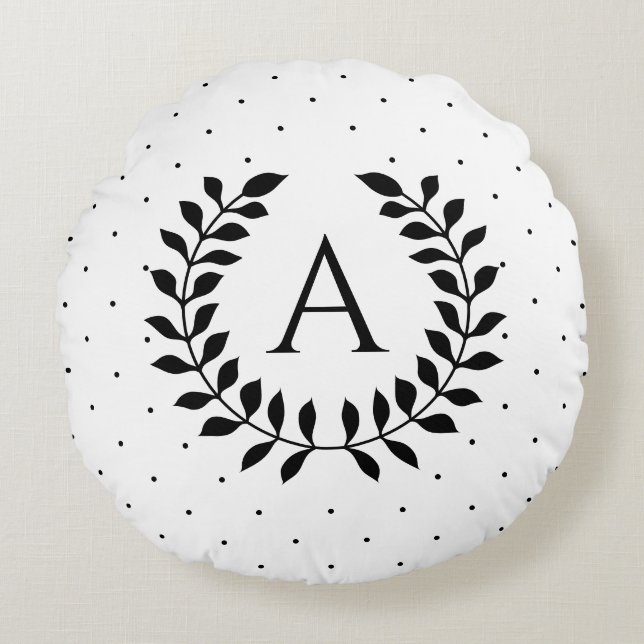 Black And White Laurel Monogram Polka Dot Pattern Rundes Kissen (Vorderseite)